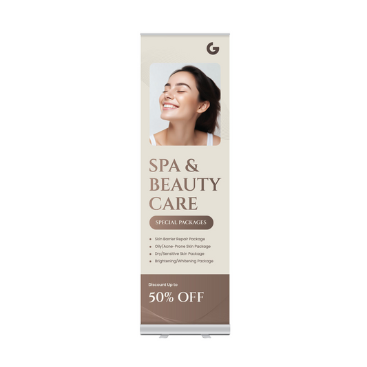 GoVizly 24x80 slim retractable banner stand front view with full-color printed graphic