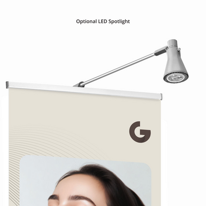 Optional LED spotlight accessory shown with GoVizly 24x80 slim retractable banner stand