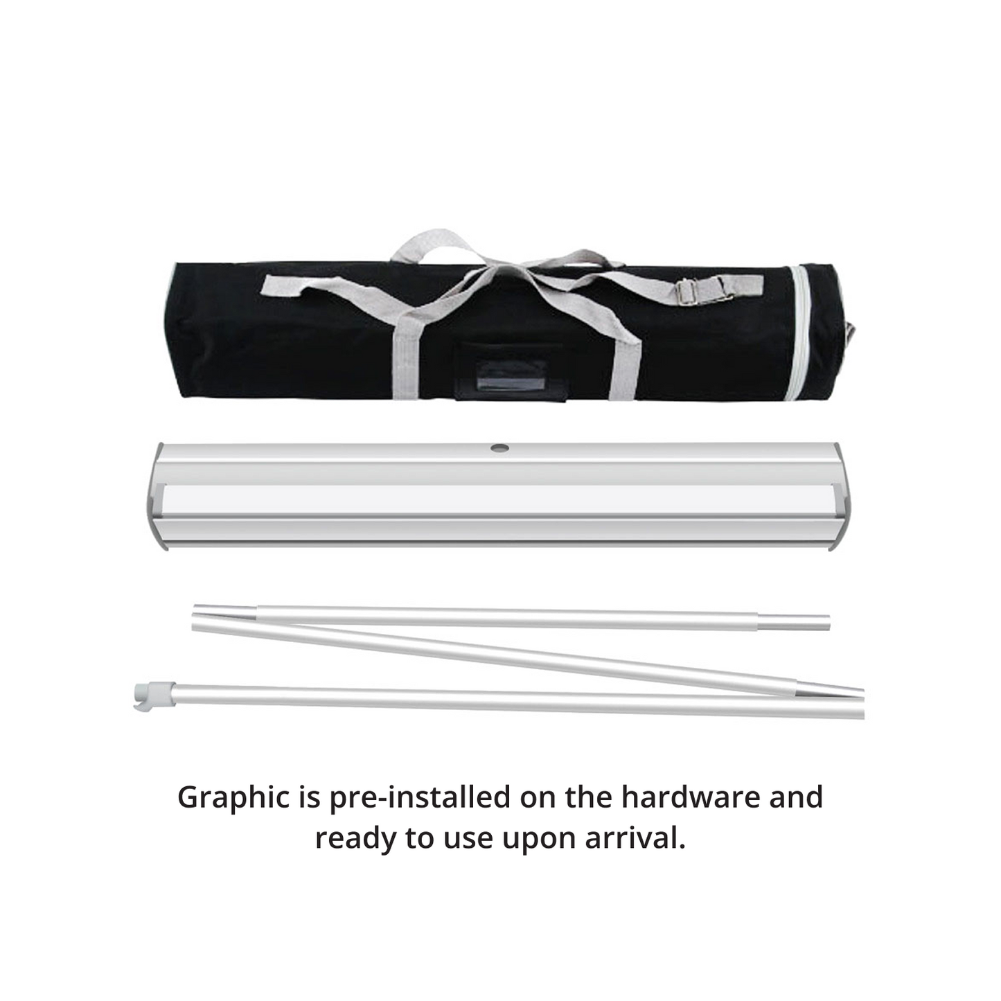 All included components of GoVizly 33x80 retractable banner stand — base, pole, graphic, and carrying case