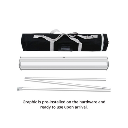 All included components of GoVizly 33x80 retractable banner stand — base, pole, graphic, and carrying case