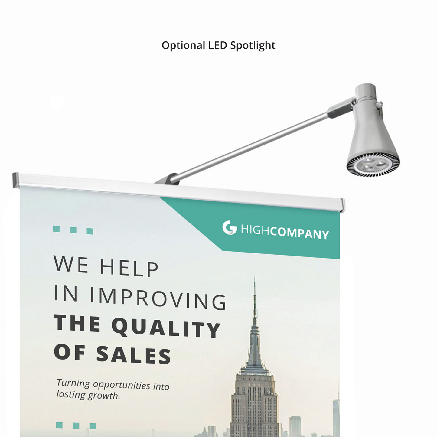 GoVizly 33x80 retractable banner stand with optional LED spotlight attached