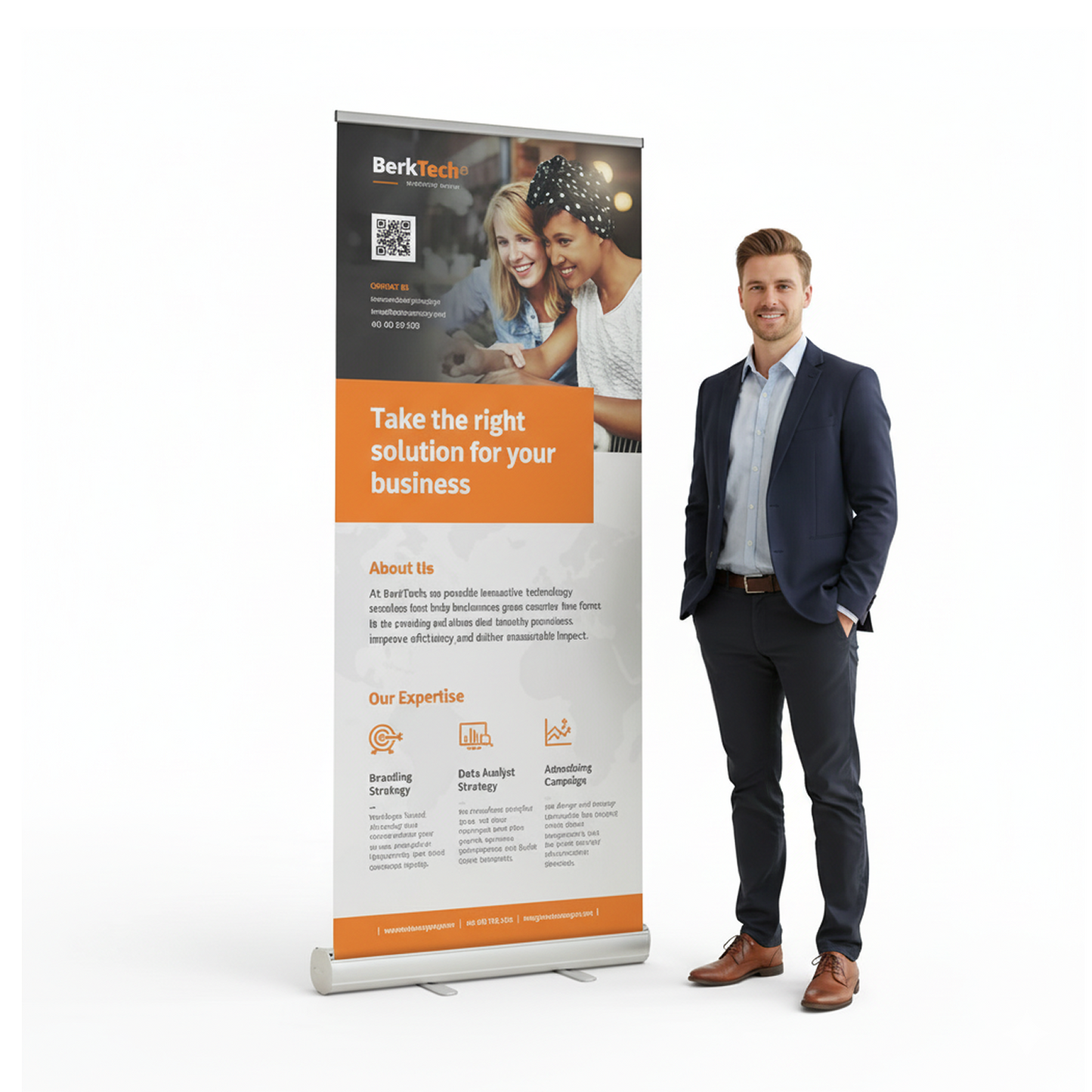 GoVizly 33x80 standard retractable banner stand shown next to person for scale in trade show setting