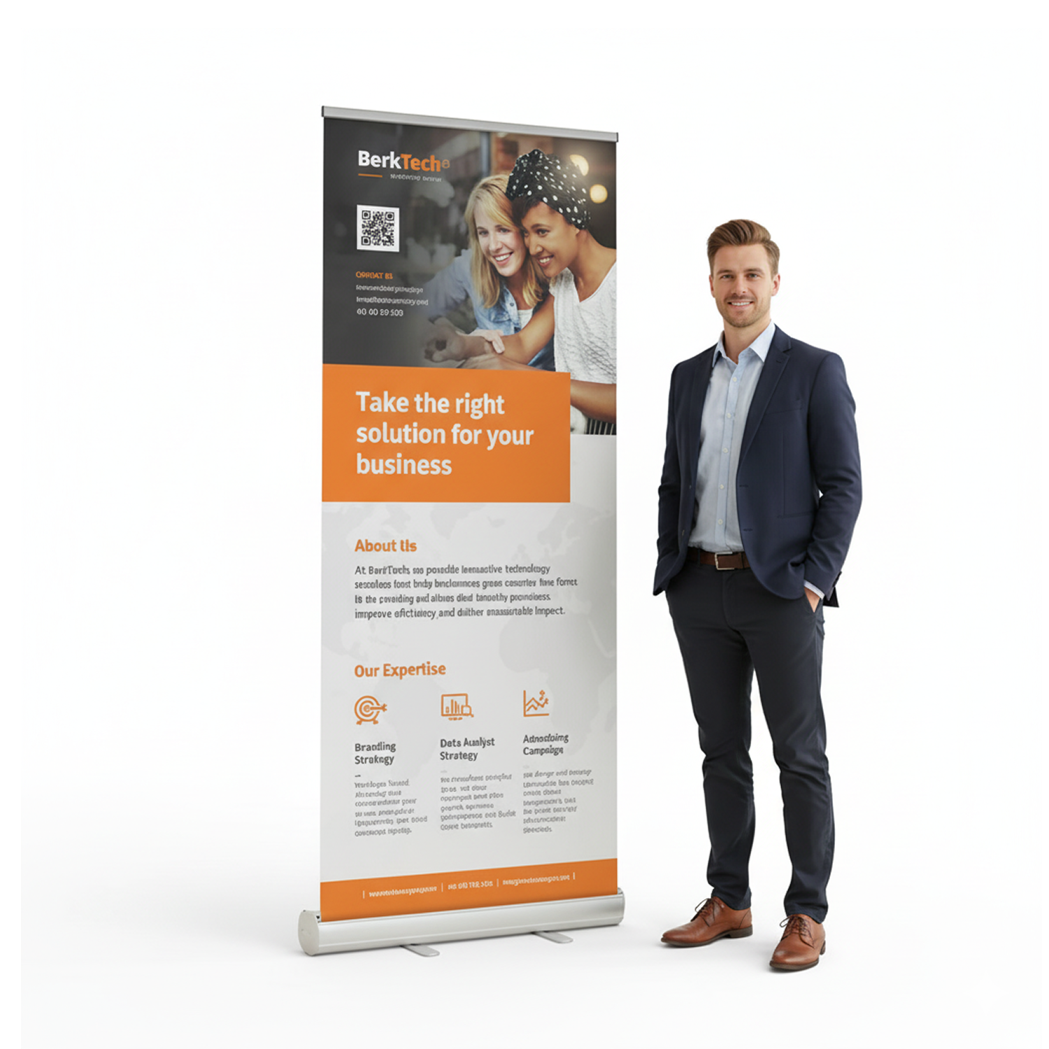 GoVizly 33x80 standard retractable banner stand shown next to person for scale in trade show setting