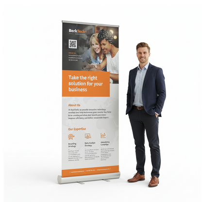 GoVizly 33x80 standard retractable banner stand shown next to person for scale in trade show setting