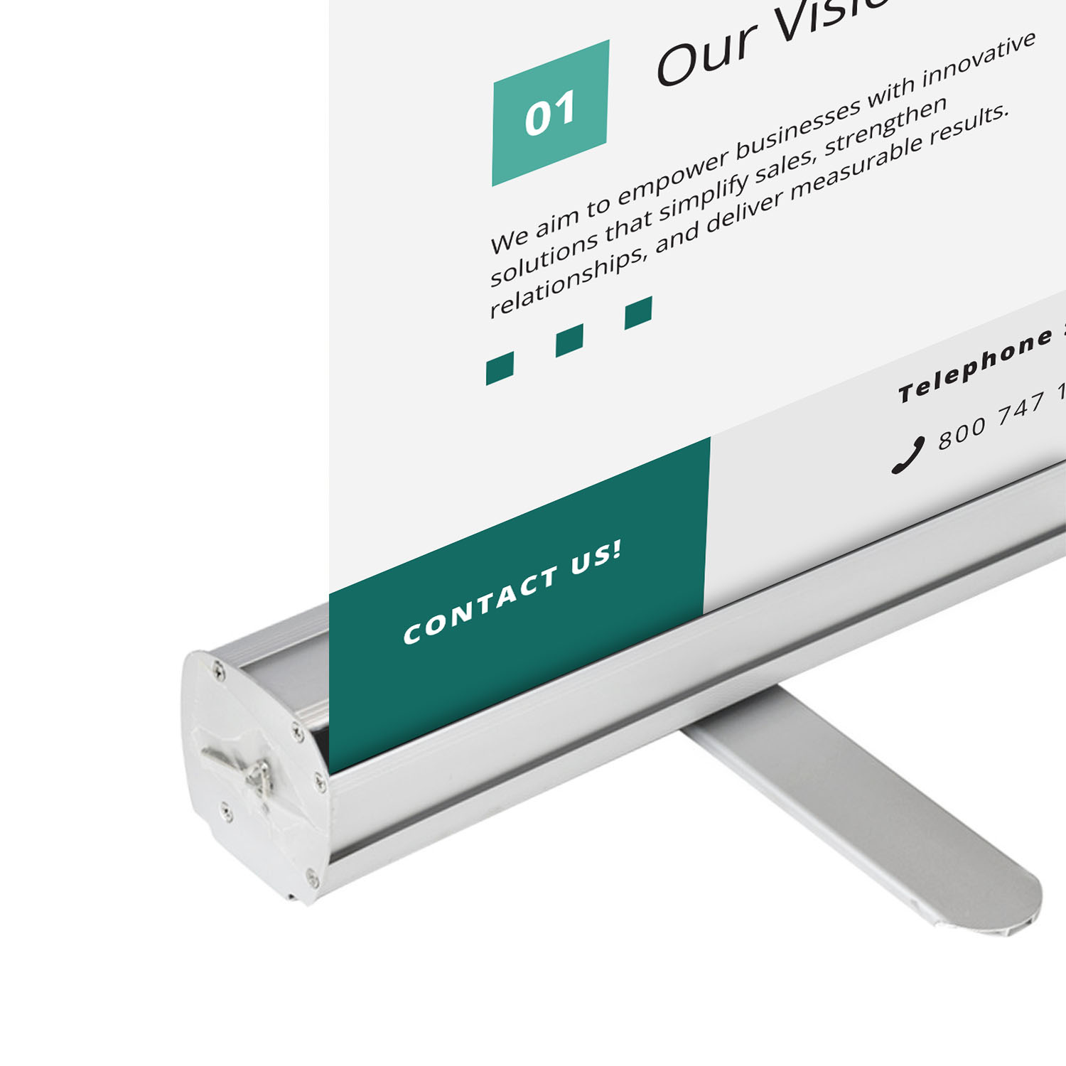 Close-up detail of GoVizly 33x80 retractable banner stand base and swivel stabilizing foot