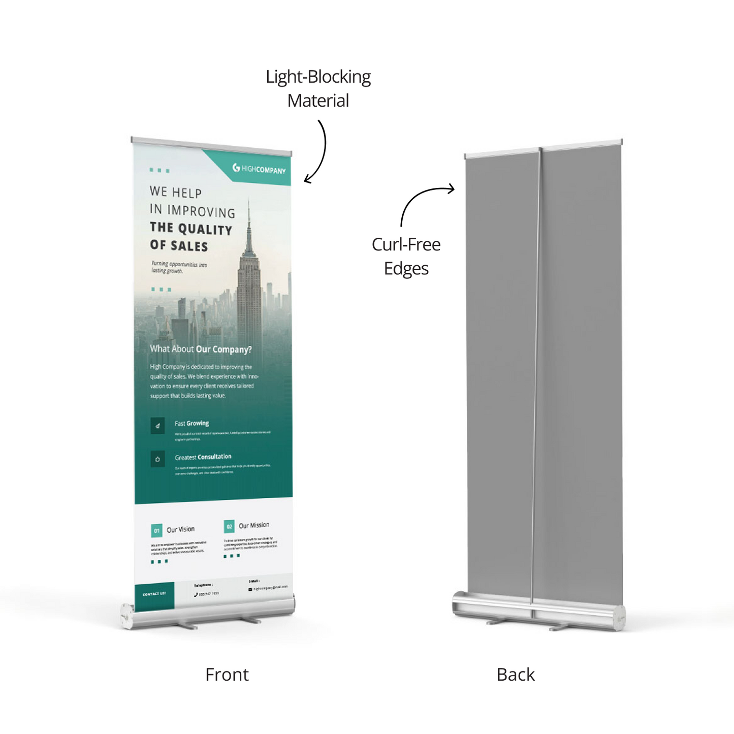 Front and back view of GoVizly 33x80 retractable banner stand showing light-blocking fabric material