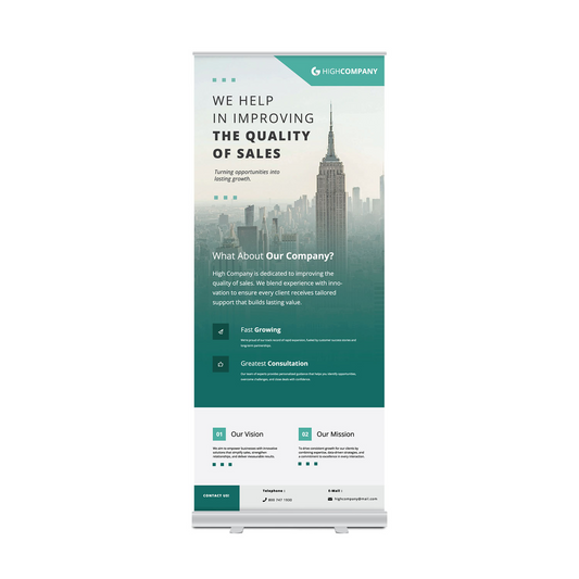 GoVizly 33x80 standard retractable banner stand front view with full-color printed graphic