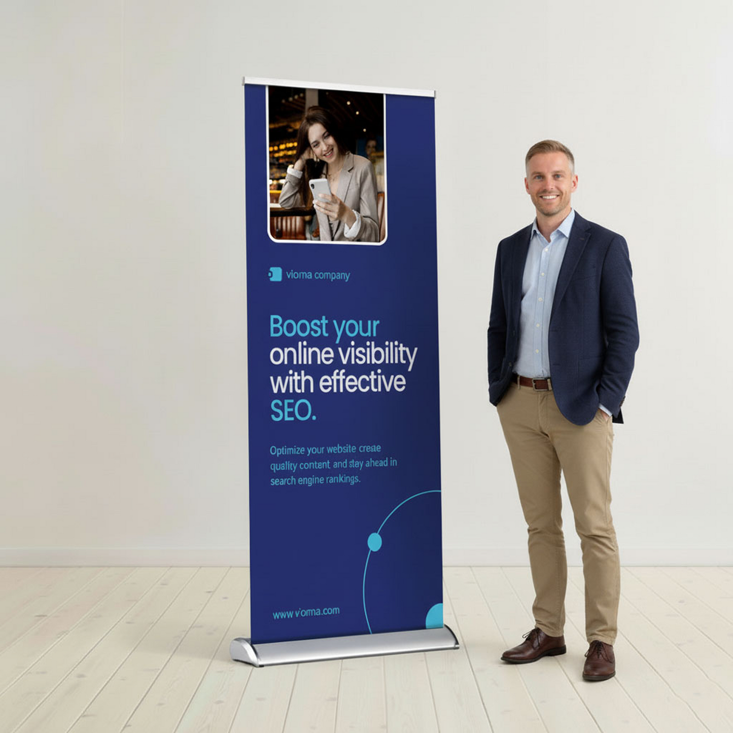 GoVizly 33x80 deluxe retractable banner stand shown next to person for scale
