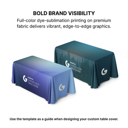 GoVizly Displays 4ft custom logo table open back style for retails, events and trade shows. Full color dye-sub edge to edge printing on premium wrinkle-resistant fabric. Design template available for download. Free layout and proof, free saver shipping. Fast turnaround and nationwide shipping
