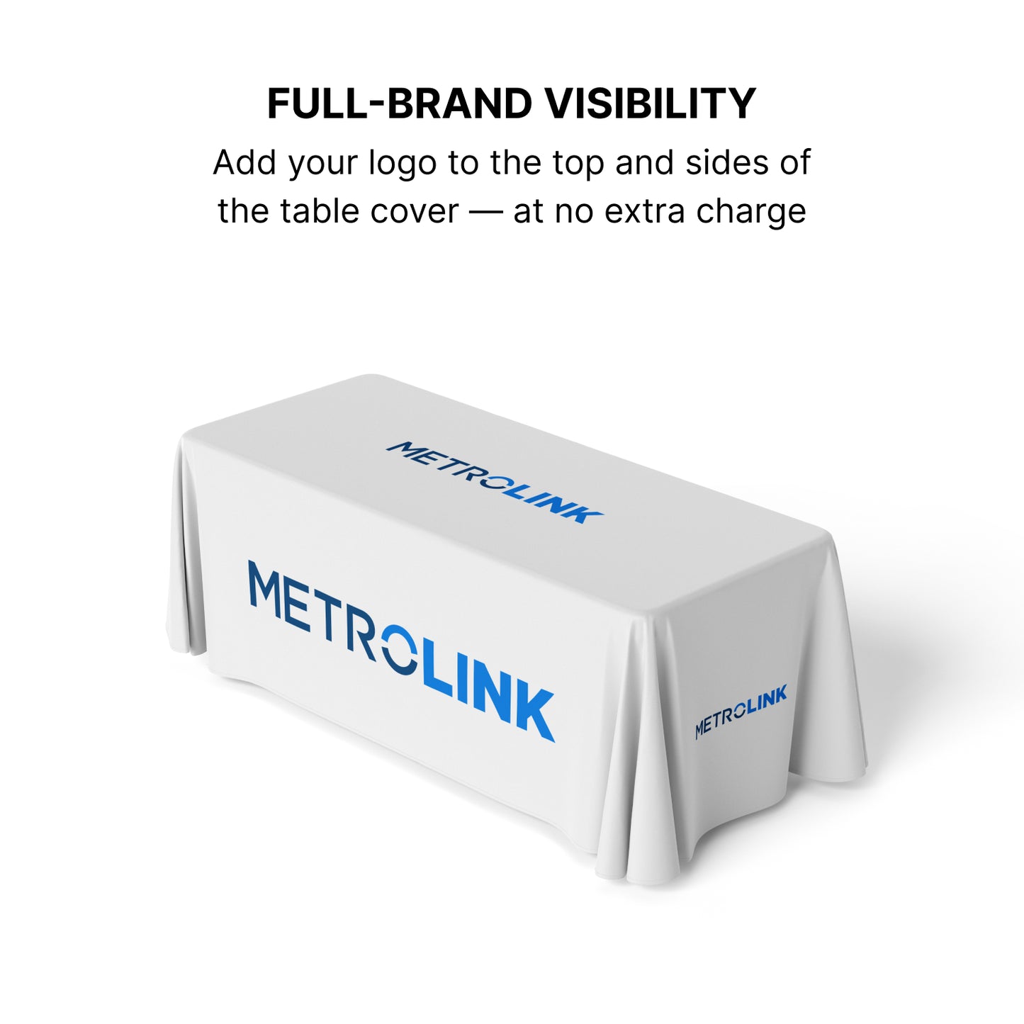 GoVizly Displays 4ft custom logo table open back style for retails, events and trade shows. Full color dye-sub printing on premium wrinkle-resistant fabric. Free layout and proof, free saver shipping. Fast turnaround and nationwide shipping
