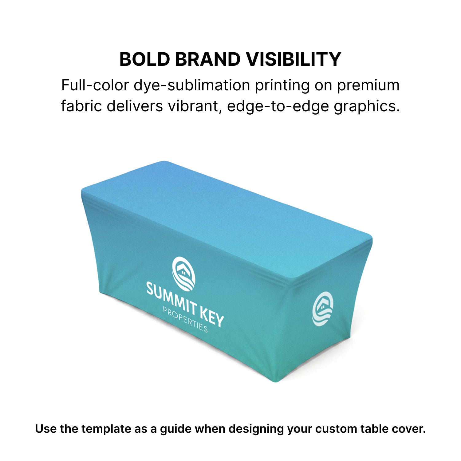 GoVizly Displays 6ft custom logo stretch fitted table for retails, events and trade shows. Full color dye-sub printing on the front, top and sides. Featuring wrinkle-resistant fabric that is also washable. Free layout and proof, free saver shipping. Fast turnaround and nationwide shipping