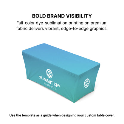 GoVizly Displays 6ft custom logo stretch fitted table for retails, events and trade shows. Full color dye-sub printing on the front, top and sides. Featuring wrinkle-resistant fabric that is also washable. Free layout and proof, free saver shipping. Fast turnaround and nationwide shipping