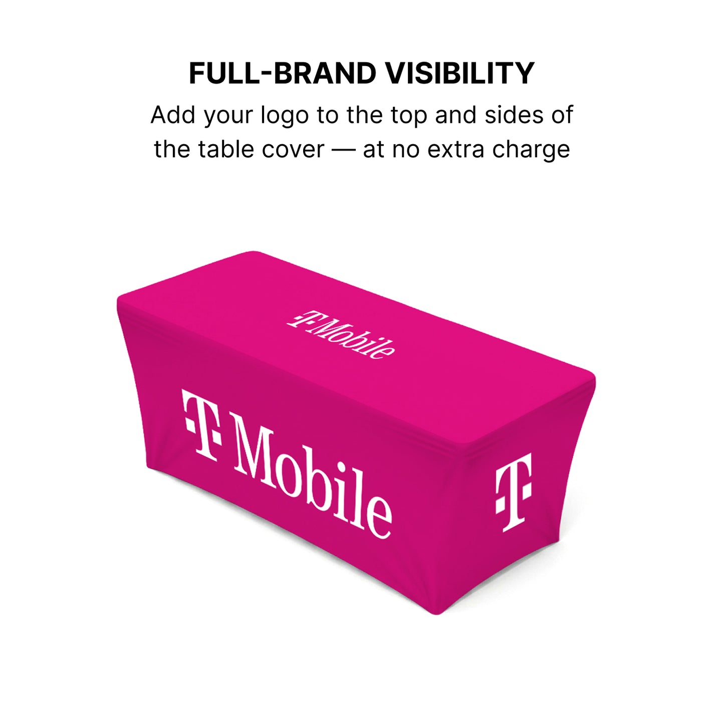 GoVizly Displays 6ft custom logo stretch fitted table for retails, events and trade shows. Full color dye-sub printing on wrinkle-resistant premium fabric. Free layout and proof, free saver shipping. Fast turnaround and nationwide shipping