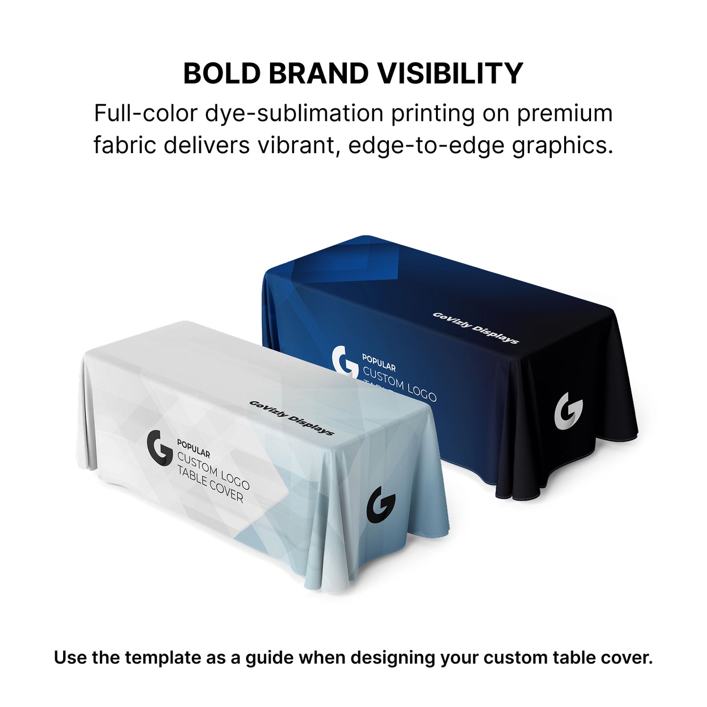 GoVizly Displays 6ft custom logo table closed back style for retails, events and trade shows. Full color dye-sub edge to edge printing on the front, back, top and sides. Premium wrinkle-resistant fabric. Free layout and proof, free saver shipping sitewide. Fast turnaround and nationwide shipping
