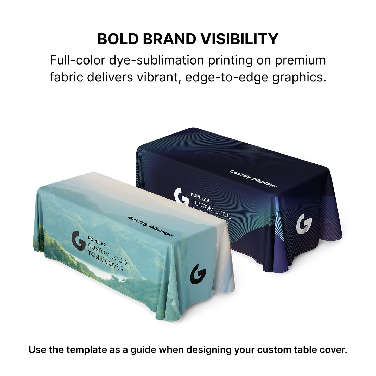 GoVizly Displays 6ft custom logo table open back style for retails, events and trade shows. Full color dye-sub edge to edge printing on premium wrinkle-resistant fabric. Free layout and proof, free saver shipping. Fast turnaround and nationwide shipping