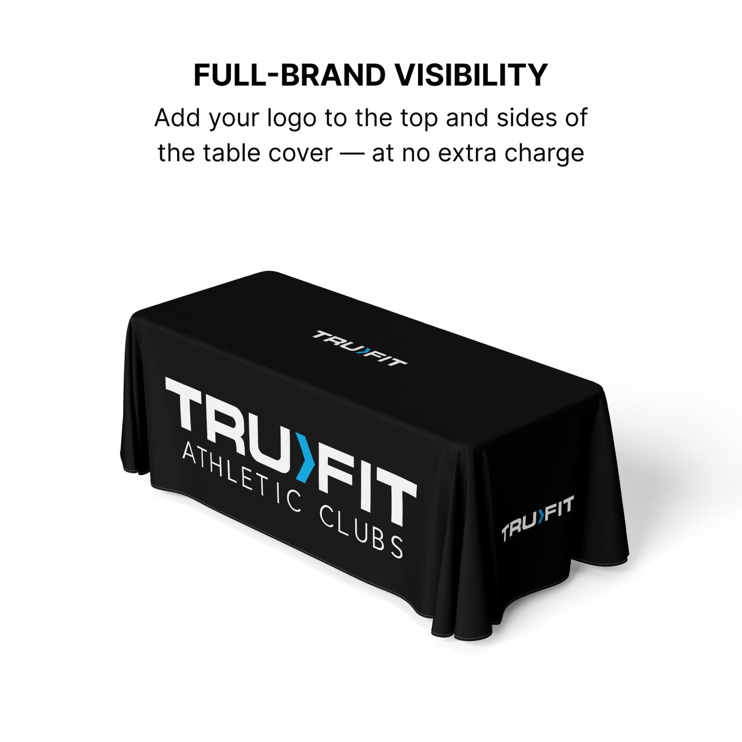 GoVizly Displays 6ft custom logo table open back style for retails, events and trade shows. Full color dye-sub printing on the front, top and sides. Premium wrinkle-resistant fabric. Free layout and proof, free saver shipping sitewide. Fast turnaround and nationwide shipping