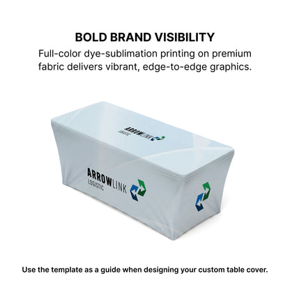 GoVizly Displays 8ft custom logo stretch fitted table for retails, events and trade shows. Full color dye-sub printing on the front, top and sides. Featuring wrinkle-resistant fabric that is also washable. Free layout and proof, free saver shipping. Fast turnaround and nationwide shipping