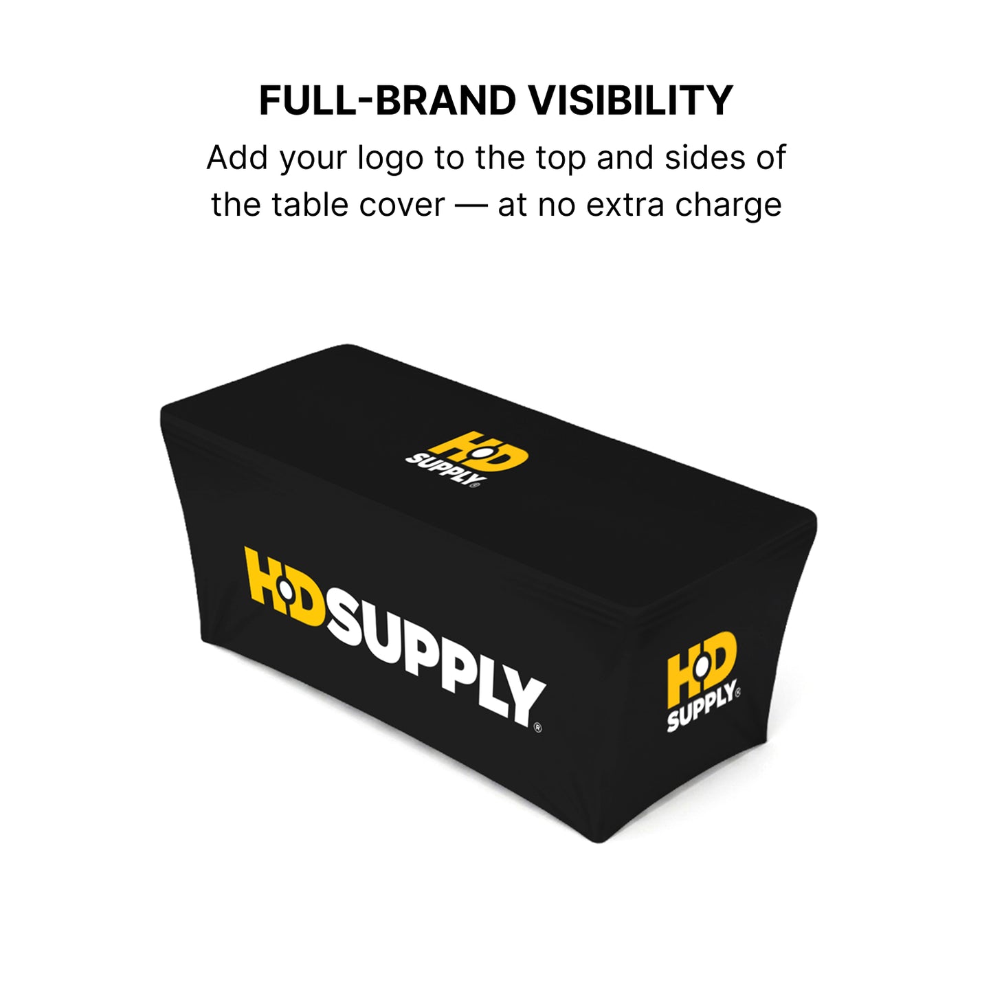 GoVizly Displays 8ft custom logo stretch fitted table for retails, events and trade shows. Full color dye-sub printing on wrinkle-resistant premium fabric. Free layout and proof, free saver shipping. Fast turnaround and nationwide shipping