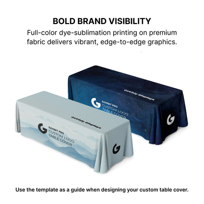 GoVizly Displays 8ft custom logo table closed back style for retails, events and trade shows. Full color dye-sub all over printing on premium wrinkle-resistant fabric. Free layout and proof, free saver shipping. Fast turnaround and nationwide shipping
