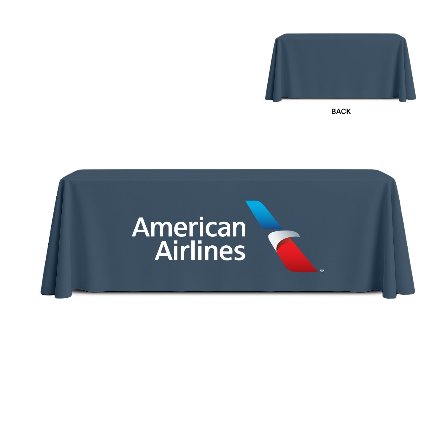 GoVizly Displays 8ft custom logo table closed back style for retails, events and trade shows. Full color dye-sub printing on 4 sides. Free layout and proof, free saver shipping. Fast turnaround and nationwide shipping