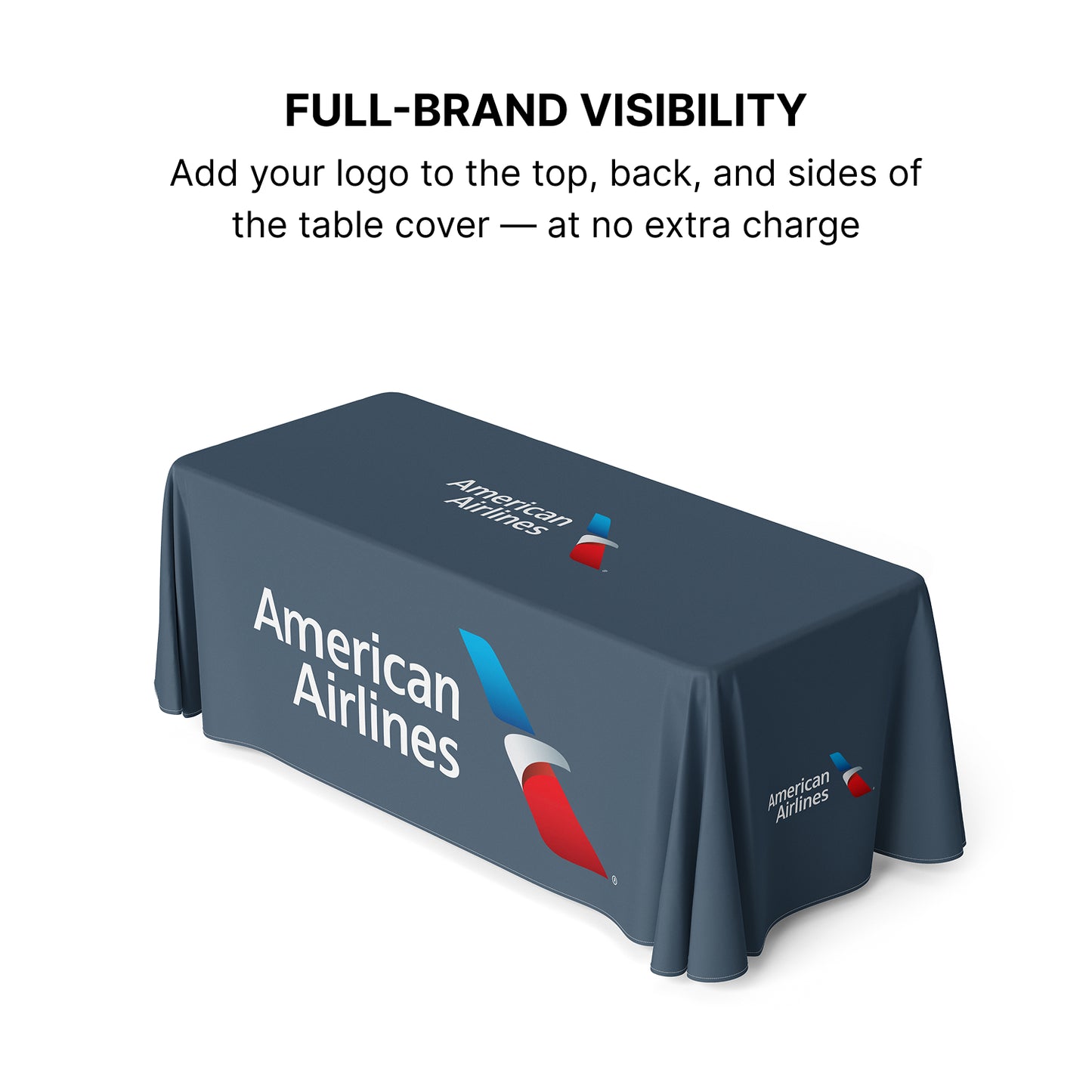 GoVizly Displays 8ft custom logo table closed back style for retails, events and trade shows. Full color dye-sub printing on the front, top, back and sides. Free layout and proof, free saver shipping. Fast turnaround and nationwide shipping