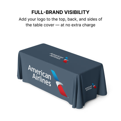 GoVizly Displays 8ft custom logo table closed back style for retails, events and trade shows. Full color dye-sub printing on the front, top, back and sides. Free layout and proof, free saver shipping. Fast turnaround and nationwide shipping
