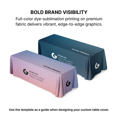 GoVizly Displays 8ft custom logo table open back style for retails, events and trade shows. Full color dye-sub all over printing on premium wrinkle-resistant fabric. Free layout and proof, free saver shipping. Fast turnaround and nationwide shipping
