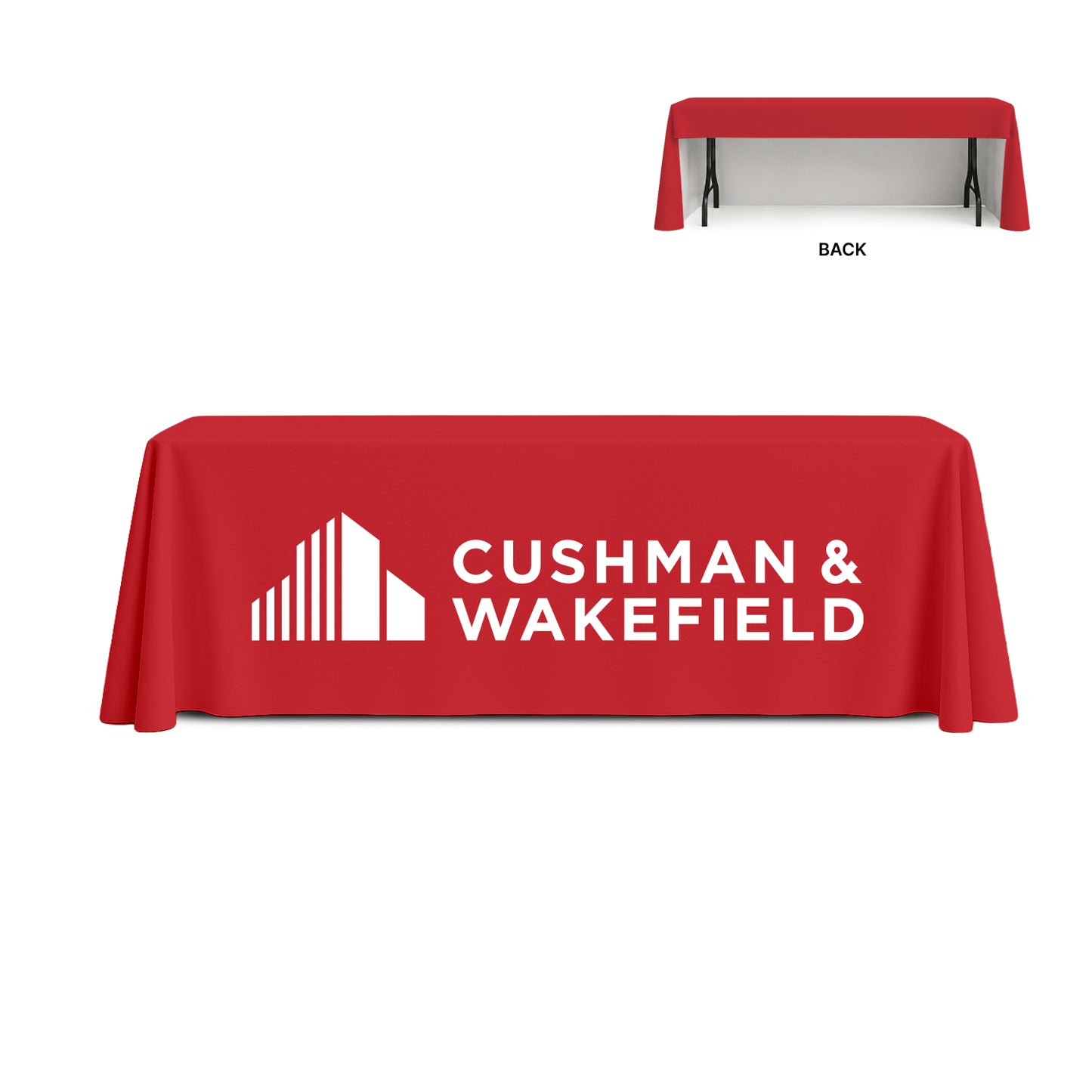 GoVizly Displays 8ft custom logo table open back style for retails, events and trade shows. Full color dye-sub printing on 3 sides. Free layout and proof, free saver shipping. Fast turnaround and nationwide shipping
