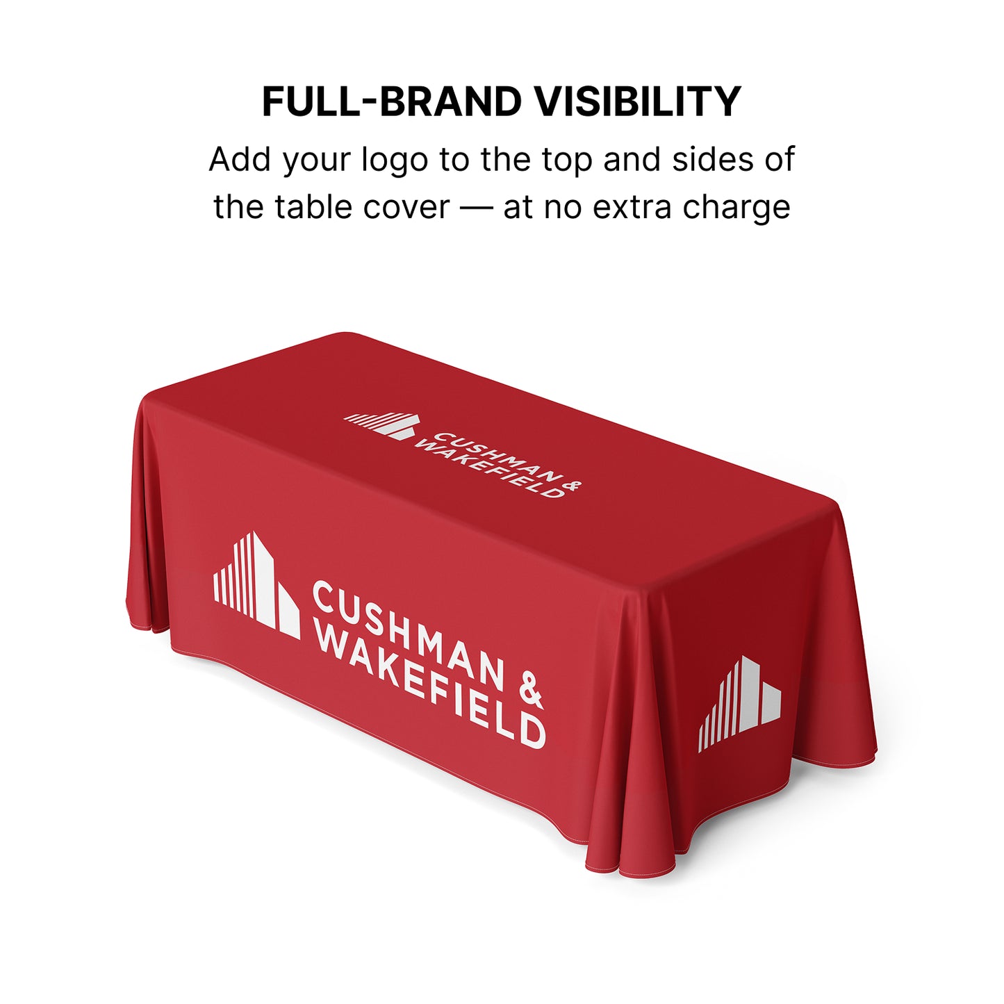 GoVizly Displays 8ft custom logo table open back style for retails, events and trade shows. Full color dye-sub printing on the front, top and sides of the table. Free layout and proof, free saver shipping. Fast turnaround and nationwide shipping