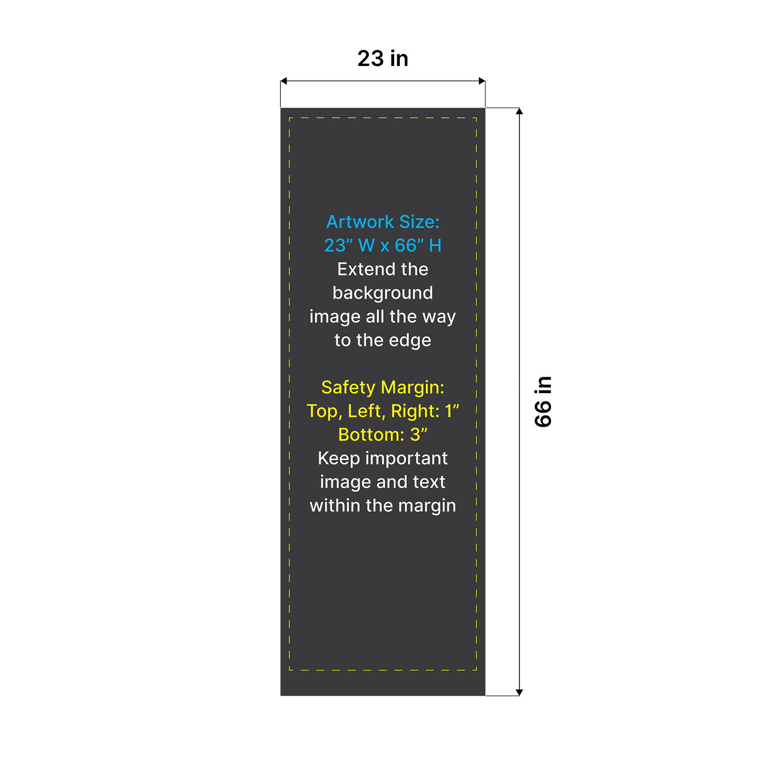 Artwork size and safety margin diagram for GoVizly 23x65 retractable banner stand