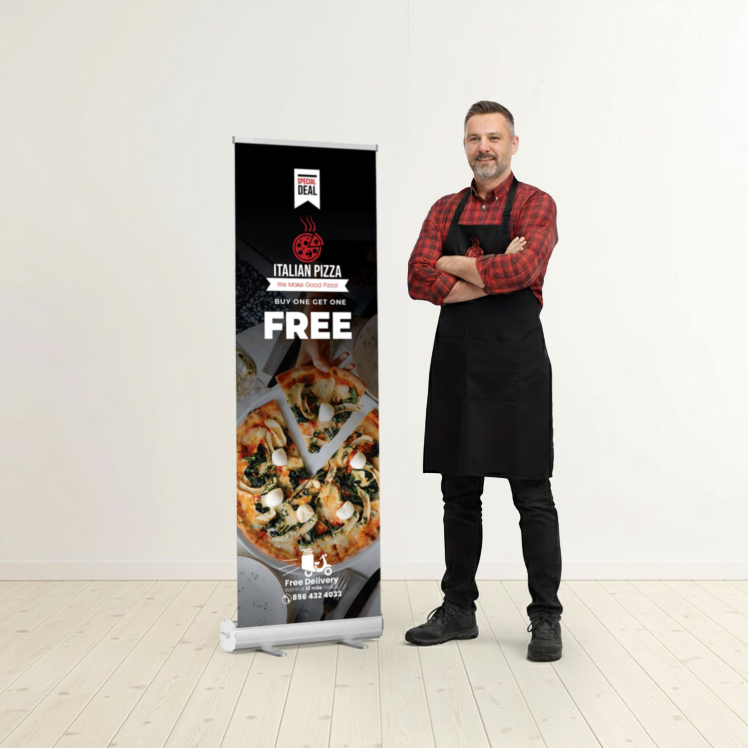 GoVizly 23x65 compact retractable banner stand shown next to person for scale