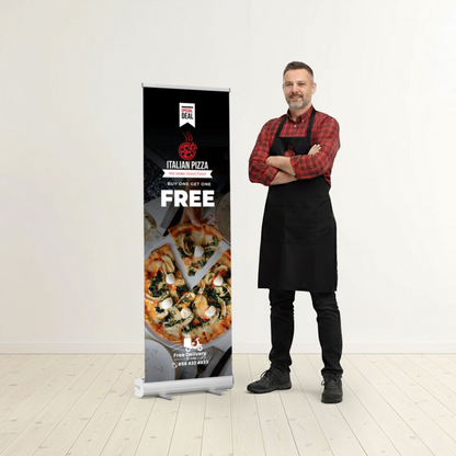 GoVizly 23x65 compact retractable banner stand shown next to person for scale