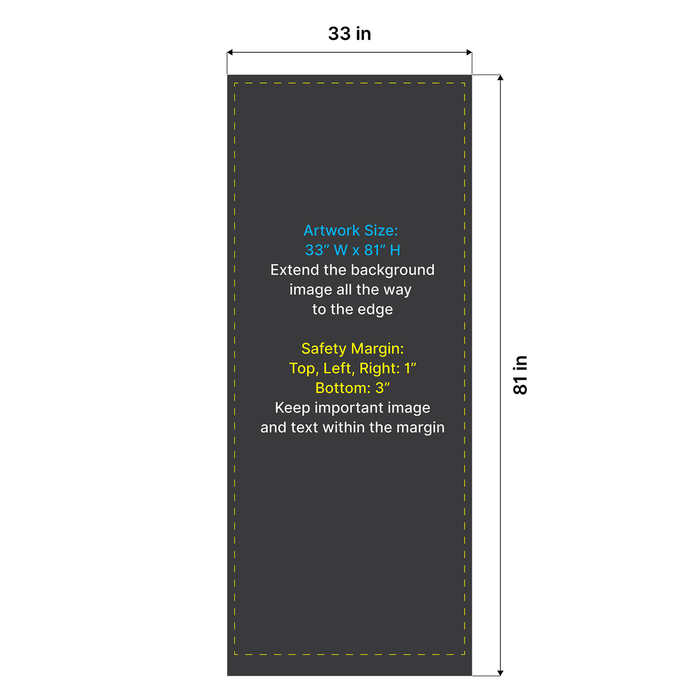 Artwork size and safety margin diagram for GoVizly 33x80 retractable banner stand