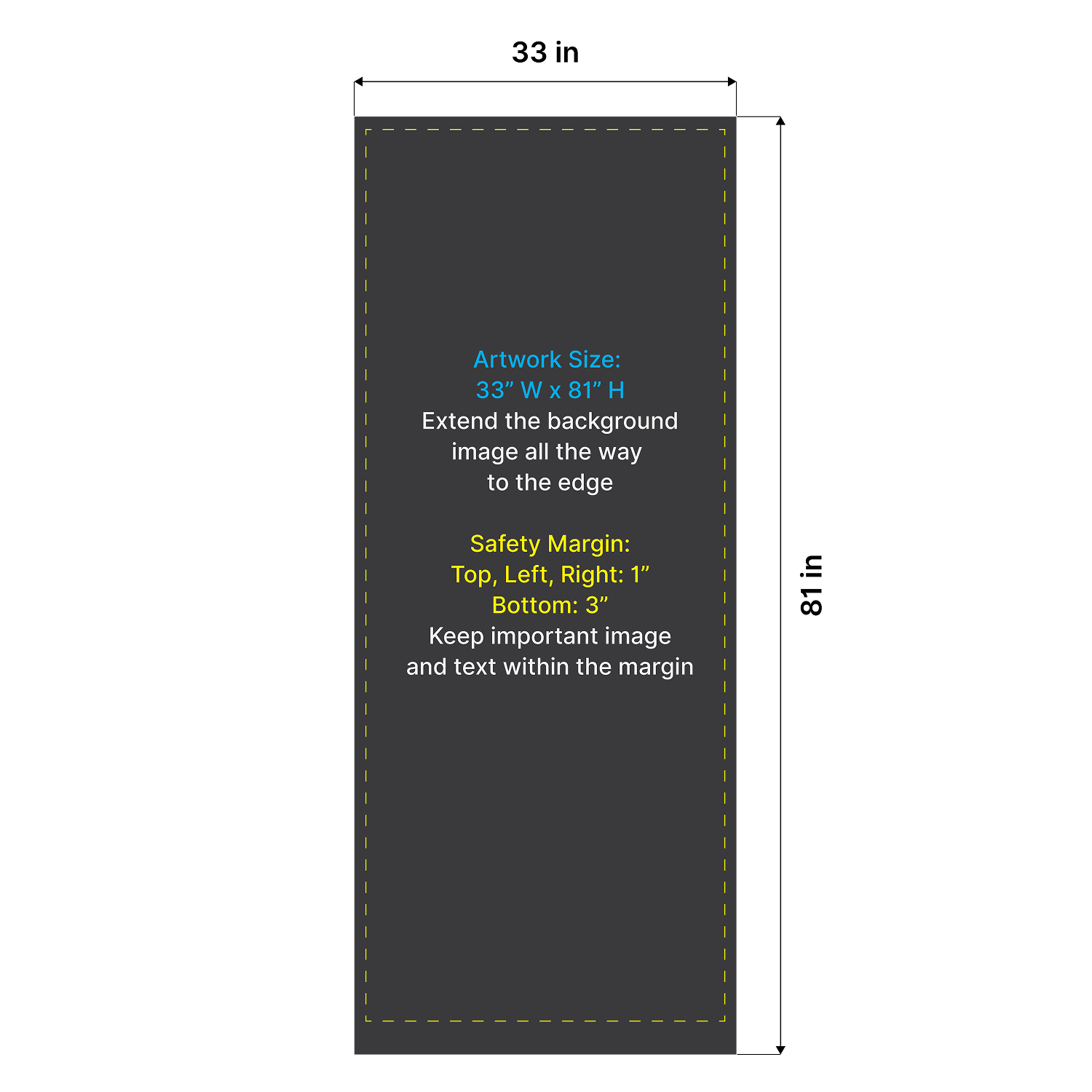 Artwork size and safety margin diagram for GoVizly 33x80 retractable banner stand