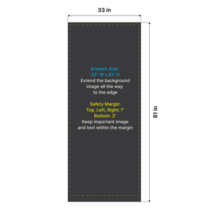 Artwork size and safety margin diagram for GoVizly 33x80 retractable banner stand