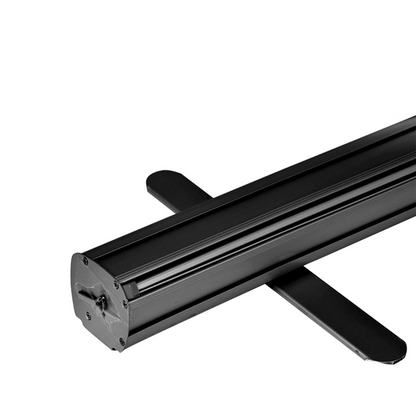 Base and support foot detail of GoVizly 33x80 retractable banner stand with black base
