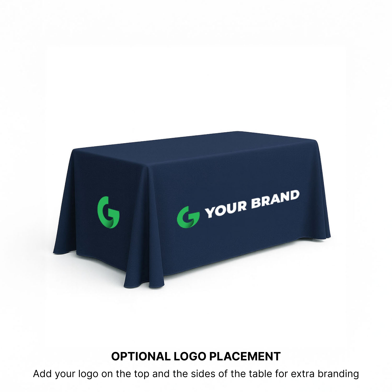 6ft closed-back trade show table cover with custom printed logo for event branding, angled view.
