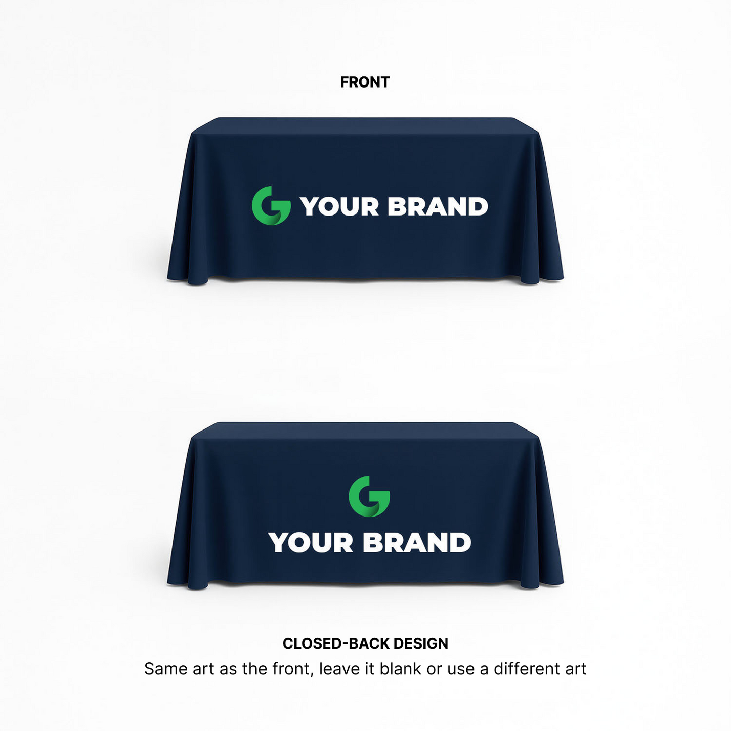 Custom 6ft closed-back table cover with full front and back logo printing for trade shows and events.