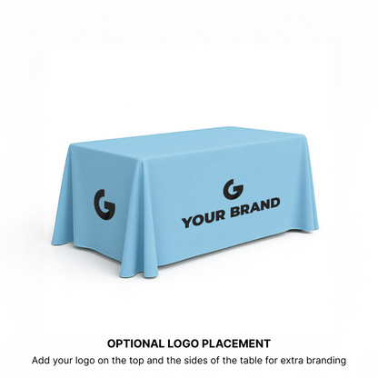 Angled view of 6ft open-back custom printed trade show table cover with optional logo placement on front and sides