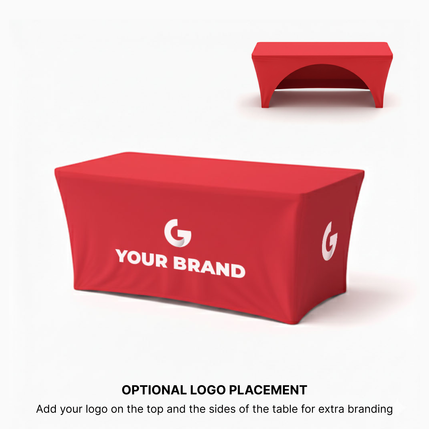 6ft fitted trade show table cover with custom logo, side view showcasing snug fit design for professional event branding