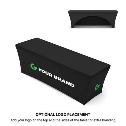 8 ft fitted trade show table cover with custom logo placement on front and sides for maximum brand visibility.