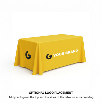 Angled view of 8 ft closed-back custom printed table cover for trade shows and events