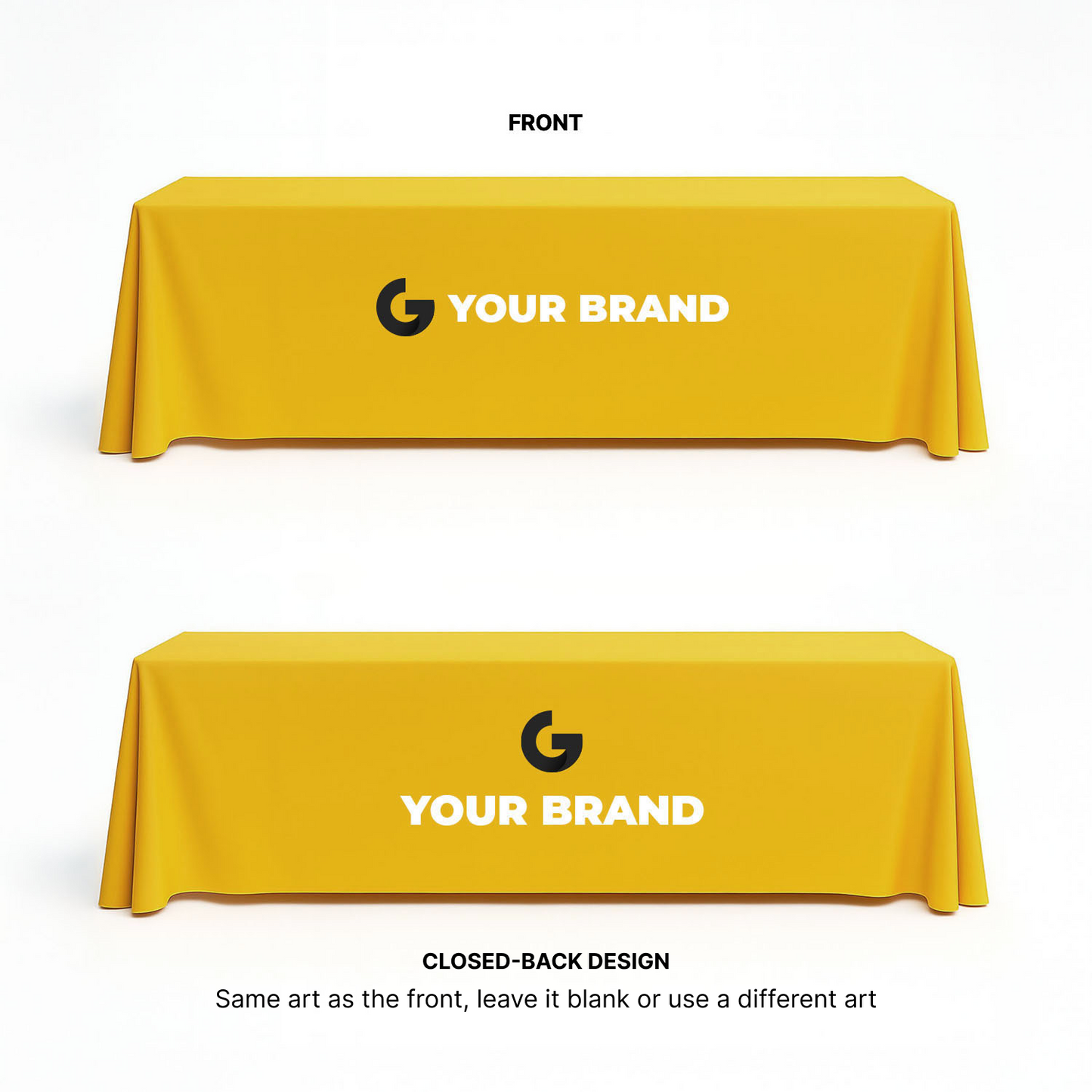 8 ft closed-back trade show table cover with custom logo printing shown from front and back views
