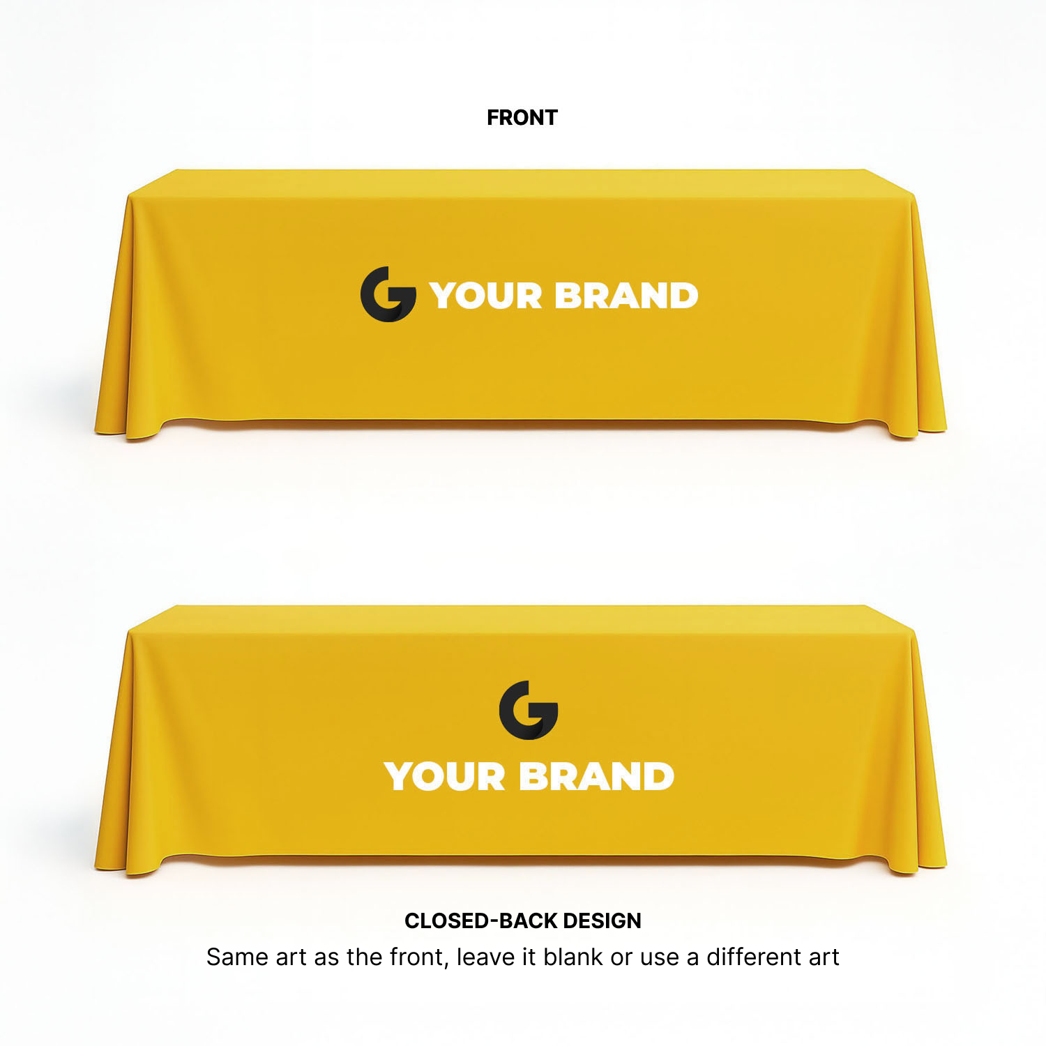 8 ft closed-back trade show table cover with custom logo printing shown from front and back views