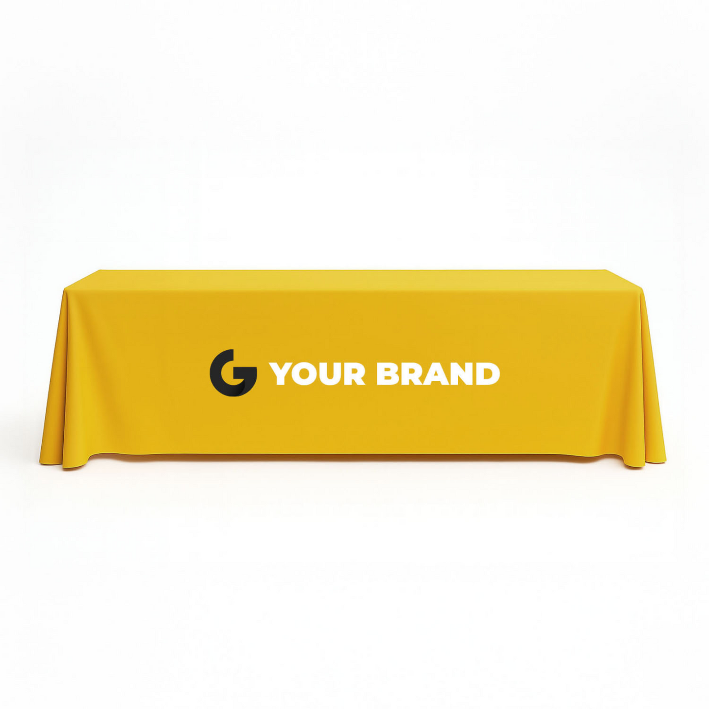 GoVizly custom 8 ft closed-back trade show table cover with vivid dye-sublimation printing and full 360° coverage