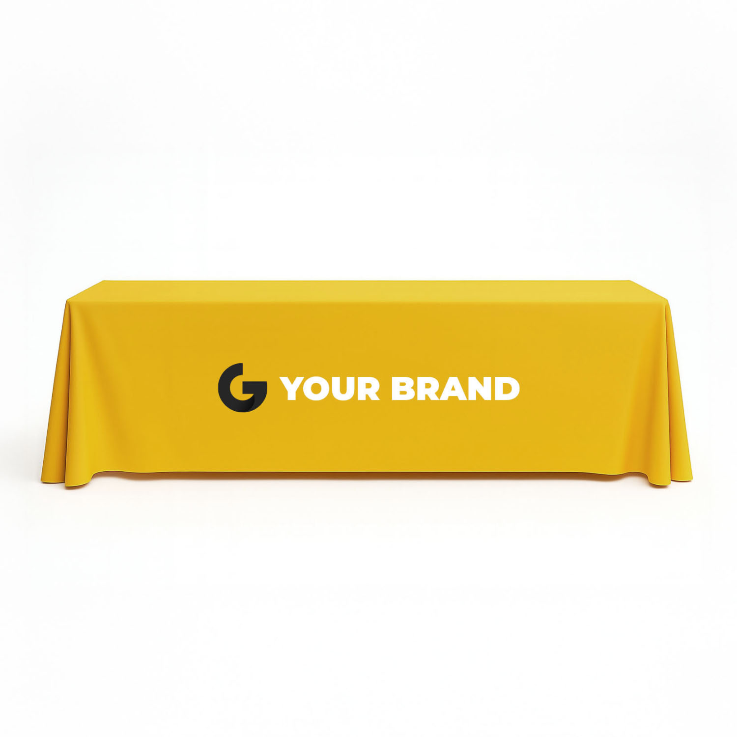 GoVizly custom 8 ft closed-back trade show table cover with vivid dye-sublimation printing and full 360° coverage