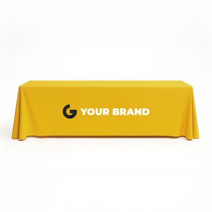 GoVizly custom 8 ft closed-back trade show table cover with vivid dye-sublimation printing and full 360° coverage