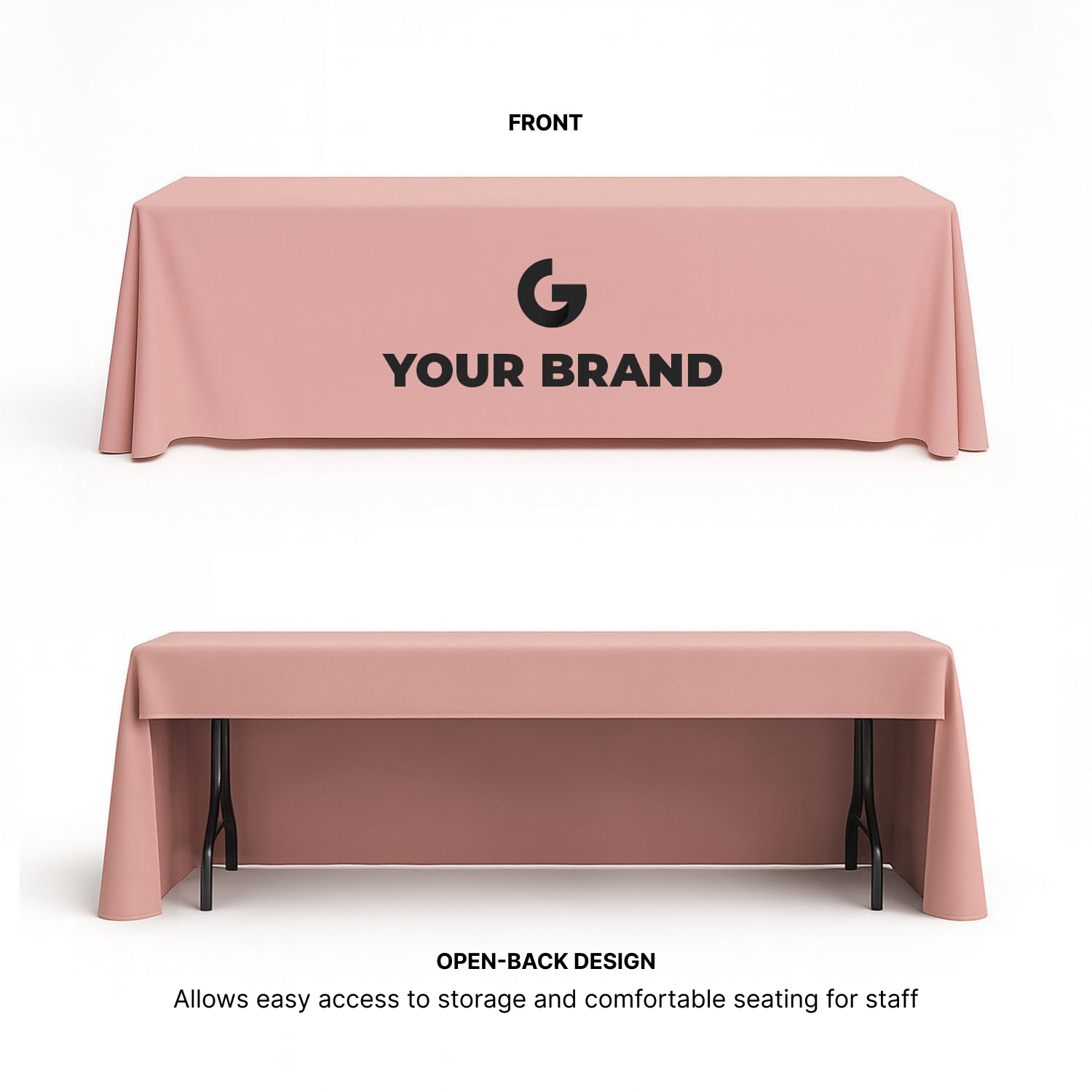 Custom 8 ft open-back trade show table cover – front logo print with open-back design for easy storage and staff seating.