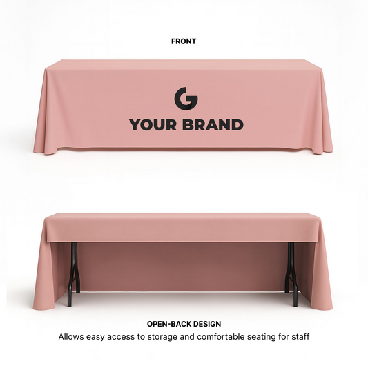 Custom 8 ft open-back trade show table cover – front logo print with open-back design for easy storage and staff seating.