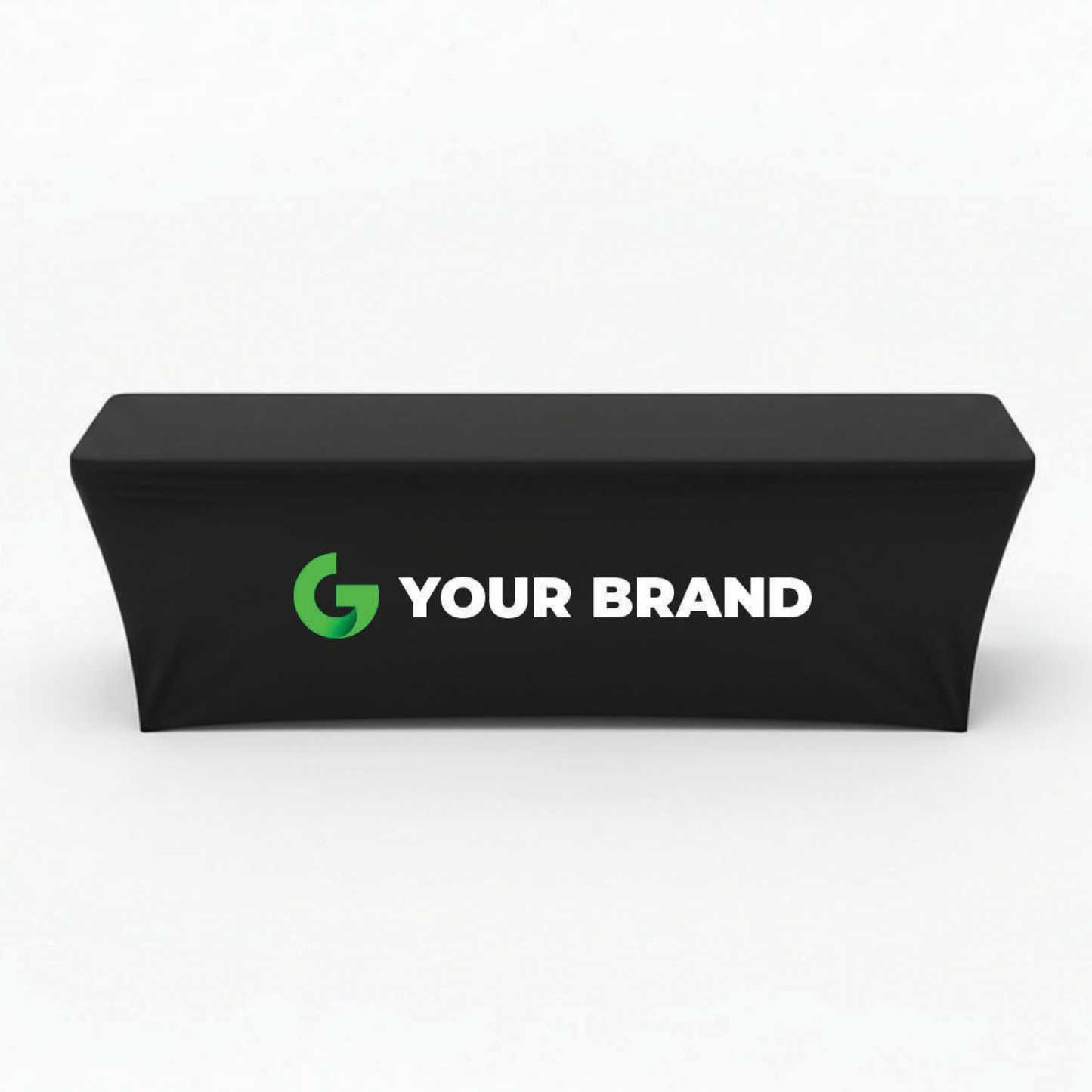 8 ft fitted trade show table cover front view with large custom printed logo for events and conventions.